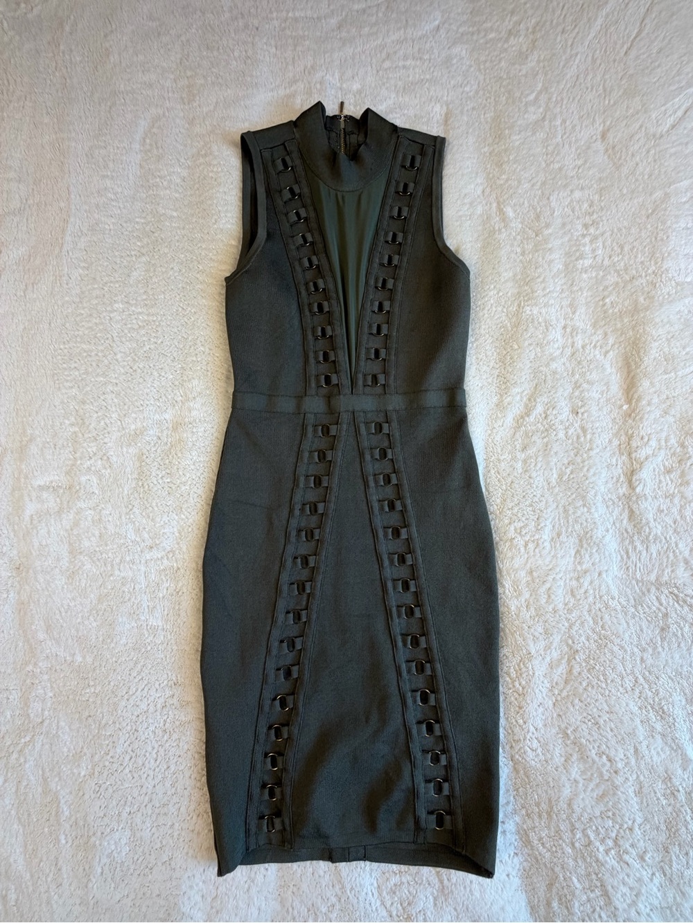 Guess Sleeveless olive green Midi Dress with Lattice Trim S